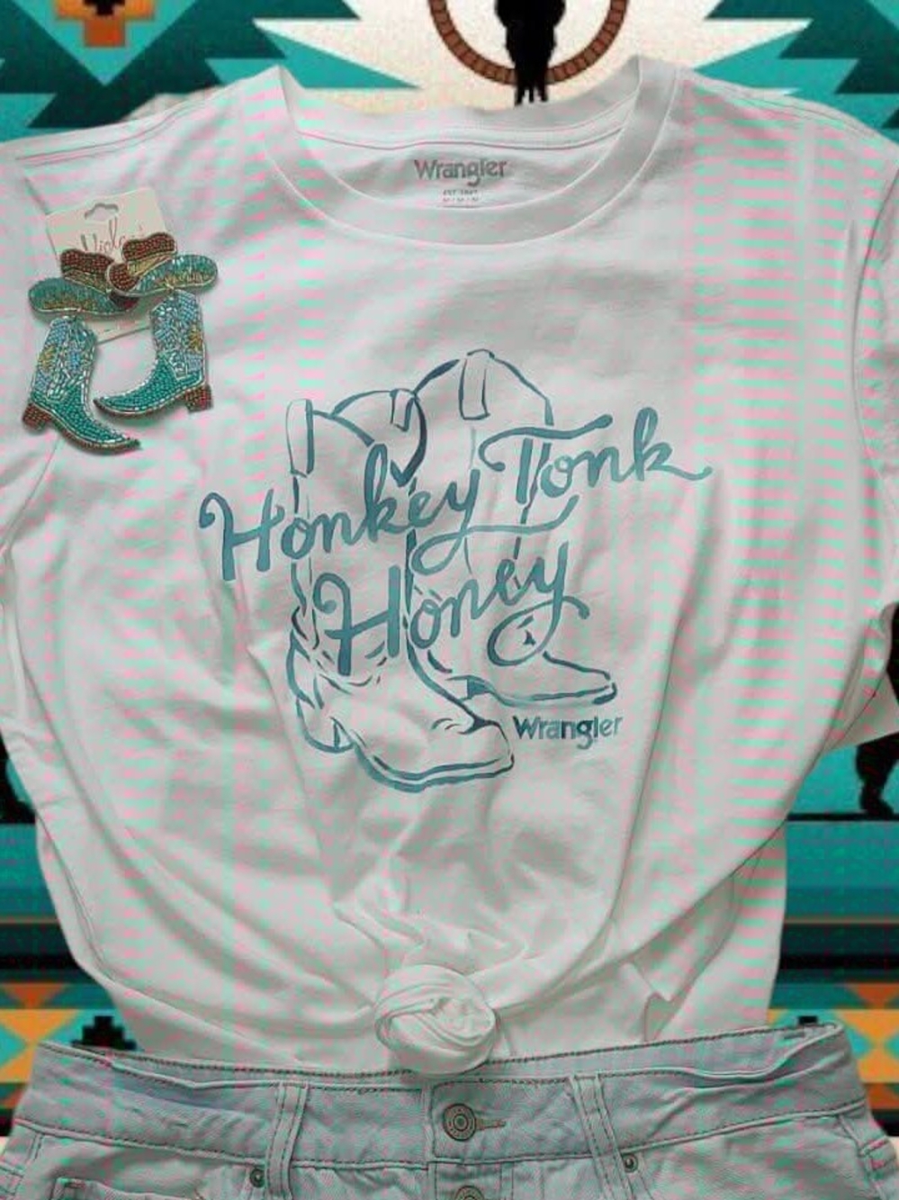 Wrangler White Tee with Teal Boot Graphic